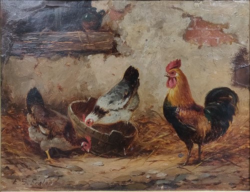 Lot 214 - E. S. England a pair - chickens in a farmyard...
