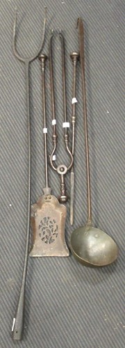 Lot 141 - Steel fire irons including a two-pronged...