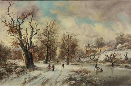 Lot 288 - Stephen de Haan Winter landscape with figures...