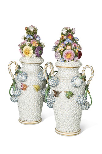 Lot 167 - A pair of Dresden Schneeballen urns and covers, circa 1870