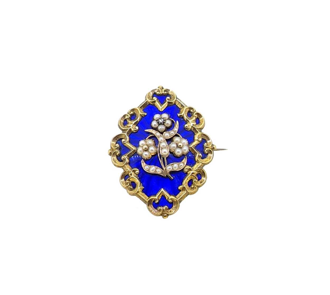 Lot 64 - An enamel, split pearl and diamond memorial brooch