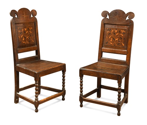 Lot 369 - A pair of oak marquetry side chairs, circa 1700