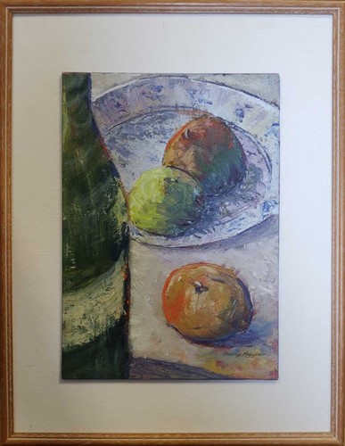 Lot 219 - Paddy Rayner still life with bottle and fruits...