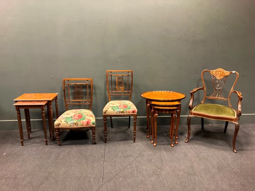 Lot 370 - An Edwardian walnut inlaid salon armchair, two...