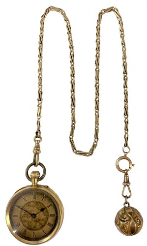 Lot 320 - J.W. Benson, London - A Swiss 18ct gold open faced pocket watch with accompanying chain