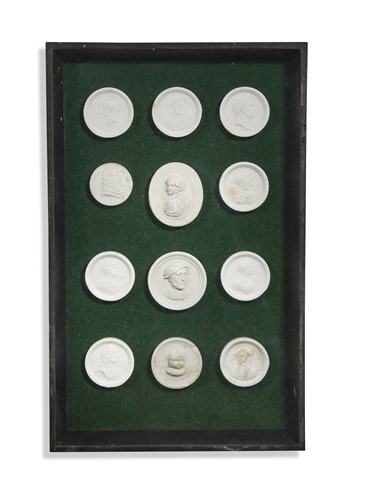 Lot 270 - A cased set of twelve plaster cameos, 19th century and later