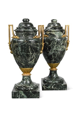 Lot 639 - A pair of verde antico marble and gilt metal mounted urns,  late 19th century