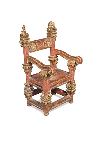 Lot 392 - A Spanish red painted and parcel gilt child's throne armchair, late 17th century