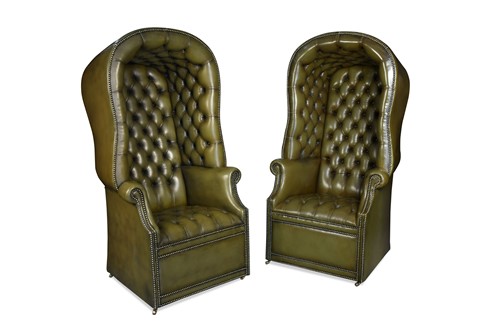 Lot 669 - A pair of Victorian style green leather porters hall chairs, 20th century