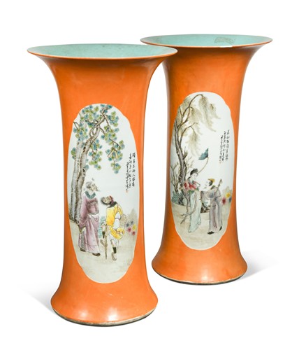 Lot 48 - A pair of large Chinese porcelain cylindrical vases, Republic Period