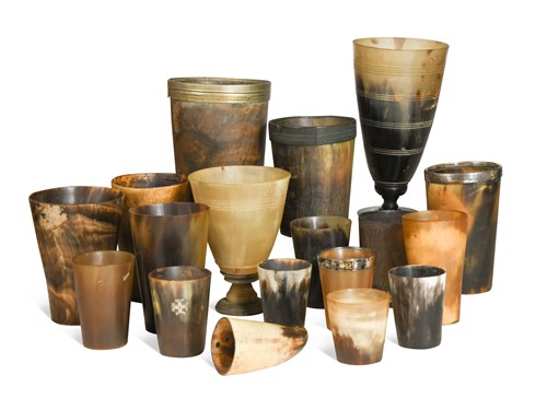 Lot 374 - A large collection of horn beakers and goblets, mostly 19th and early 20th century