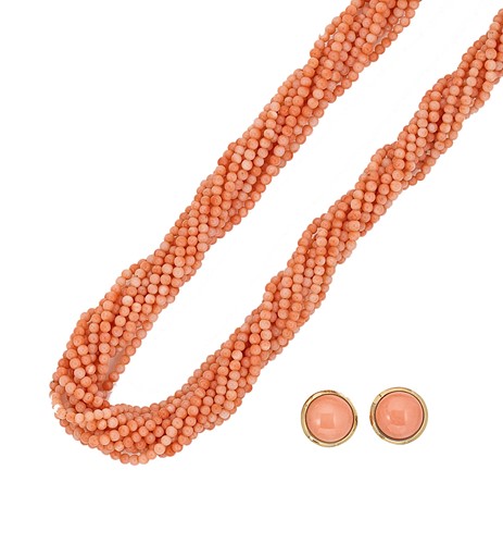 Lot 48 - A multi strand coral necklace, together with a pair of ear studs