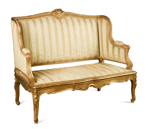 Lot 908 - A French rococo style gilt framed sofa, circa 1900