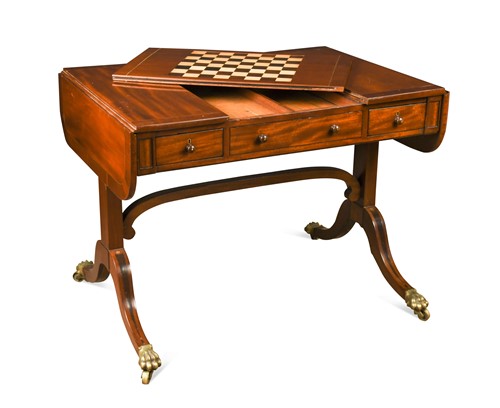 Lot 519 - An inlaid mahogany games-top sofa table, 19th century