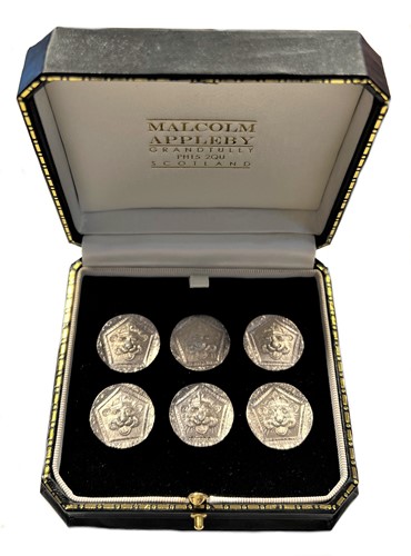 Lot 444 - A set of six cast Scottish silver novelty buttons, mark of Malcolm Appleby