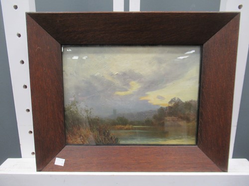 Lot 574 - Tom Yarwood, landscape at dusk, oil on board...