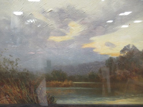 Lot 687 - Tom Yarwood, landscape at dusk, oil on board...