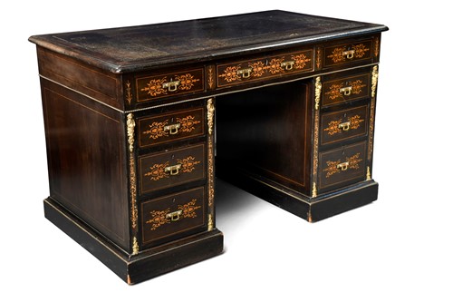 Lot 558 - A Victorian Aesthetic Movement ebonised and boxwood inlaid twin pedestal desk