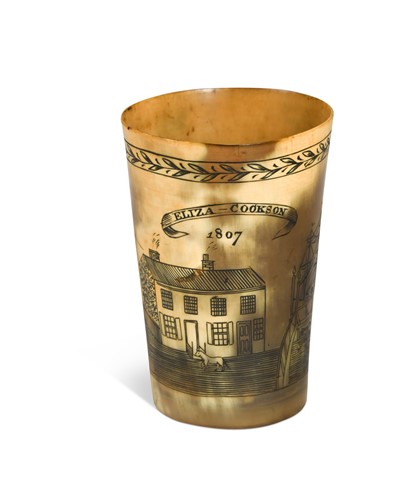 Lot 372 - A rare George III scrimshaw decorated horn beaker in the manner of Nathaniel Spilman, dated 1807