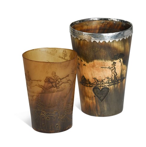 Lot 373 - A scrimshaw decorated horn beaker, 19th century