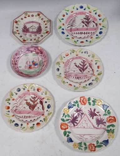 Lot 59 - Five lustre children's plates and a saucer,...