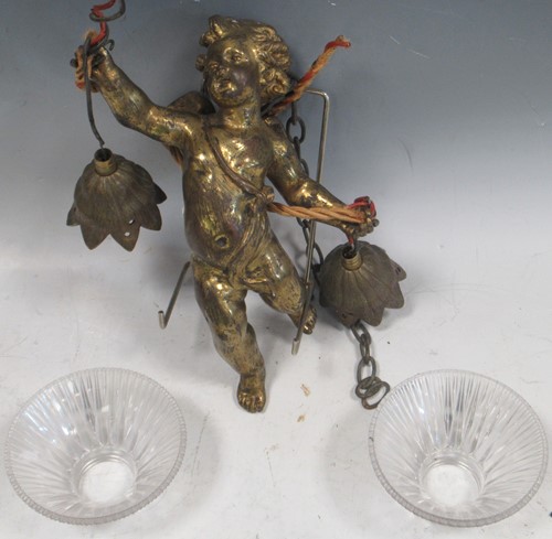 Lot 44 - A bronze cherub hanging light with glass...