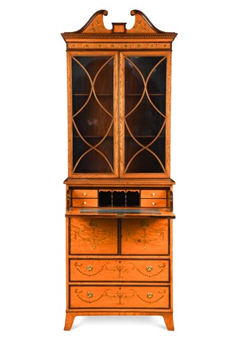 Lot 566 - A George III satinwood marquetry secretaire cabinet