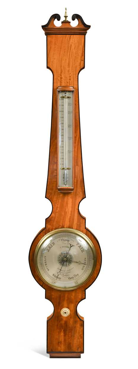 Lot 564 - A satinwood banjo barometer by Dixey, London, of narrow proportions, 19th century