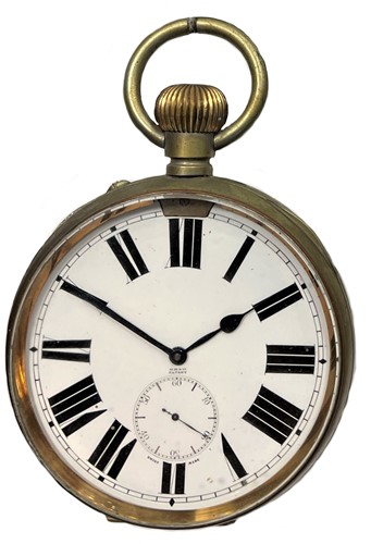 Lot 313 - Unsigned - A base metal 'Goliath' open faced pocket watch with silver 'Albert' chain