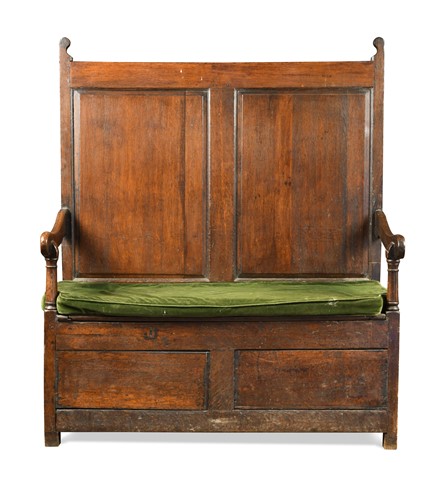 Lot 378 - An oak panel back settle, 18th century