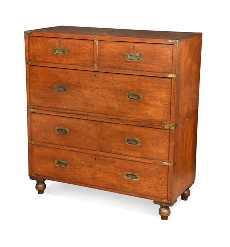 Lot 672 - A brass bound teak campaign chest of drawers, 19th century