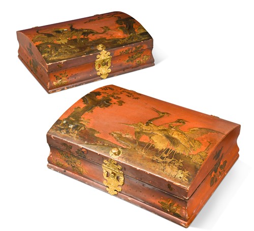 Lot 557 - A pair of scarlet lacquered japanned dome-topped boxes, circa 1720