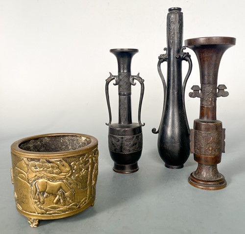 Lot 46 - Three Chinese bronze small cylinder vases in an archaic style