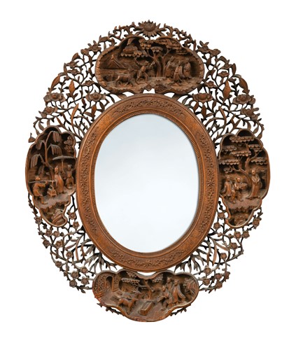 Lot 56 - A Chinese export carved and pierced wood oval mirror, Canton, circa 1850