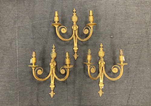 Lot 538 - Three gilt twin branch wall lights 36 x 28cm