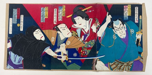 Lot 101 - Two Japanese triptych woodblock prints, 19th century