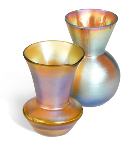 Lot 7 - Attributed to Tiffany, two miniature 'Favrile' glass vases