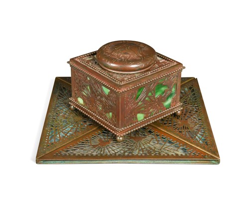 Lot 123 - A Tiffany Studios bronze and slag glass inkwell, circa 1915