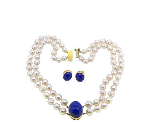 Lot 112 - A double row pearl and lapis lazuli choker necklace, together with a pair of lapis lazuli ear studs