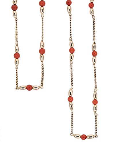 Lot 45 - Two late 20th century 9ct gold coral chains