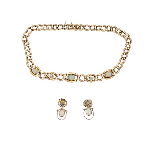 Lot 106 - An Edwardian opal and diamond bracelet, together with a pair of opal and diamond ear pendants