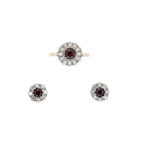 Lot 49 - A garnet and diamond cluster ring, together with a pair of cluster ear studs