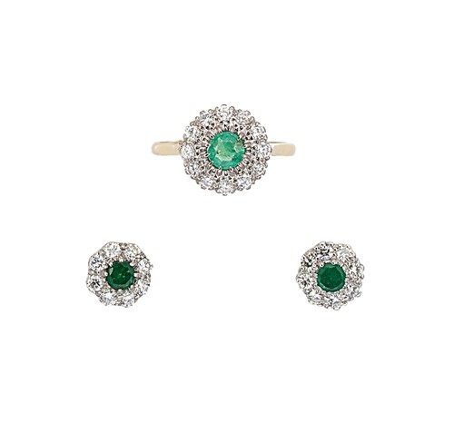 Lot 137 - An emerald and diamond cluster ring, together with a pair of cluster ear studs