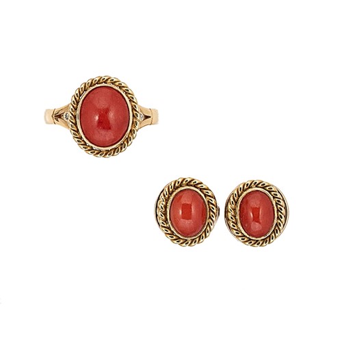 Lot 51 - A coral ring, together with a pair of ear studs