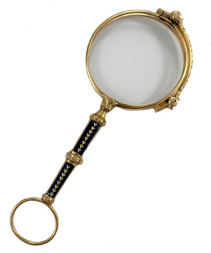 Lot 436 - A pair of French 18ct gold and enamel lorgnettes