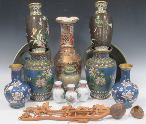 Lot 83 - A pair of blue ground cloisonne vases, 20th...