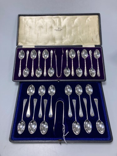 Lot 197 - 2 cased sets each of 12 silver teaspoons with...