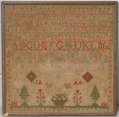 Lot 225 - Three needlework samplers, with alphabet bands...