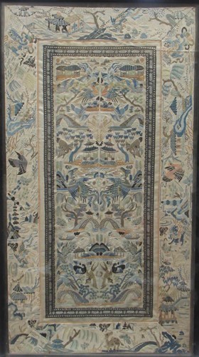 Lot 308 - A Chinese silkwork panel with coloured and...