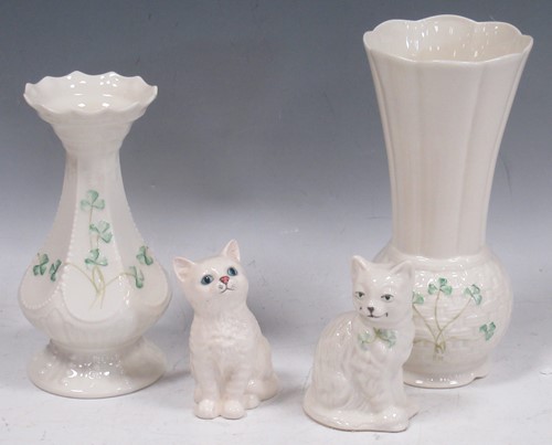 Lot 138 - Two Belleek vases together and a Belleek cat...